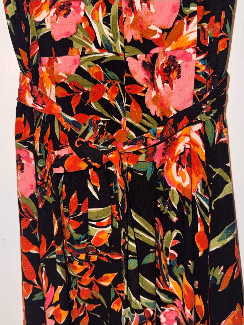 MSK Floral Black Maxi Dress Orange Pink Blooms tie back sash 100% viscose M - Picture 9 of 14